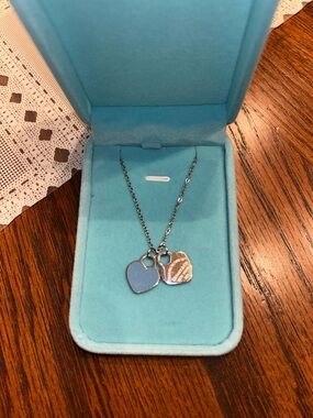 Tiffany & Co. Heart Tag Double Pendant Necklace in Robin's Egg Blue & 925 Silver